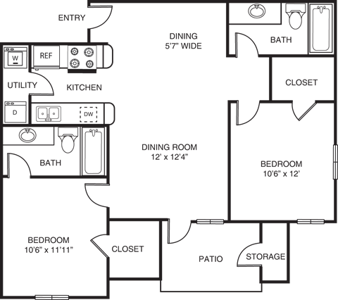 Floor plan for 2 beds, 2 baths, 875 sqft